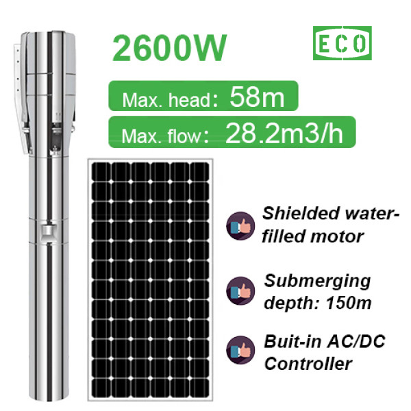 AC/DC 2600W DIFFUL SOLAR PUMP Large flow stainless steel solar submersible pump, deep well pump, used for irrigation